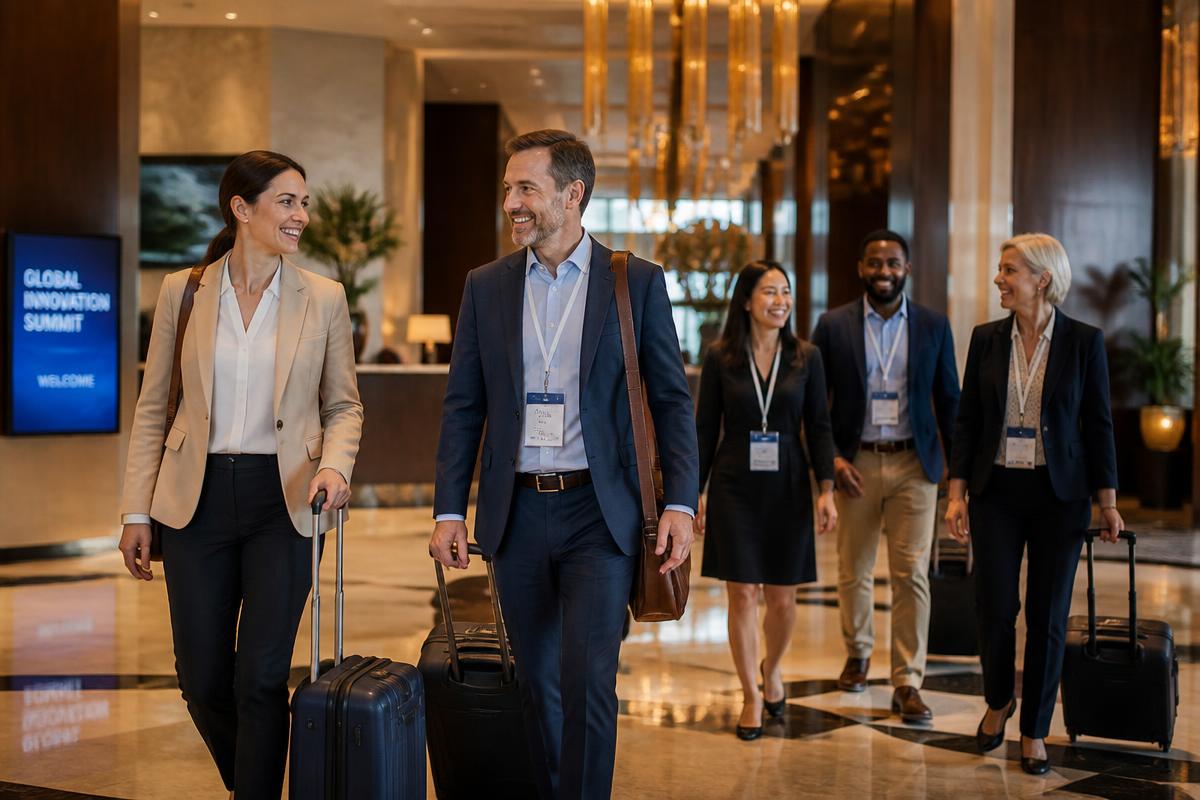 Grupo de profesionales llegando juntos a un evento corporativo